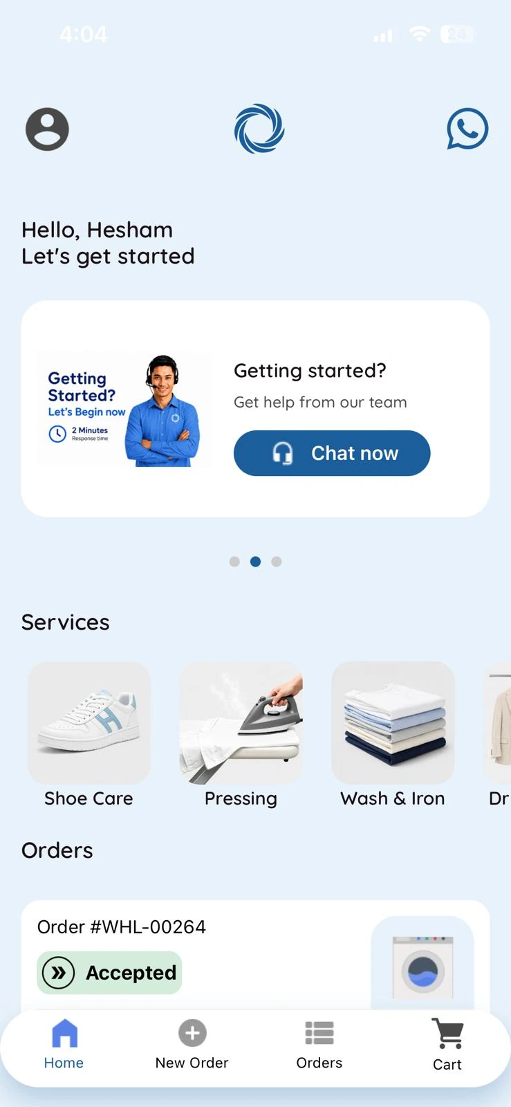 White House Laundry mobile app home screen showing customer support, services and an accepted order